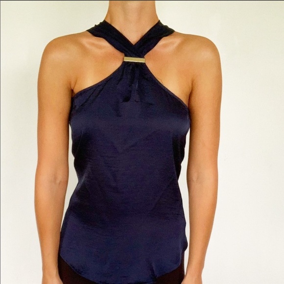 Charlotte Russe Tops - Charlotte Russe metallic blue satin blouse size XS